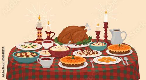 Detailed description of a festive holiday dinner table with a roasted turkey, pumpkin pies, and various side dishes, illuminated by candles.