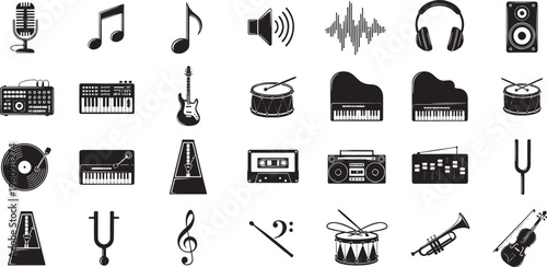 Collection of black and white music and instruments on white background microphone note musical note