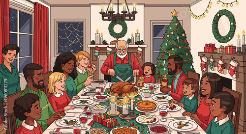 A diverse family gathers around a festive dining table, enjoying a Christmas dinner with a man carving a turkey, surrounded by holiday decorations.