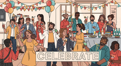 A vibrant illustration of a diverse group of people celebrating at an indoor party with balloons, banners, food, and drinks, with the word "CELEBRATE" in the foreground.