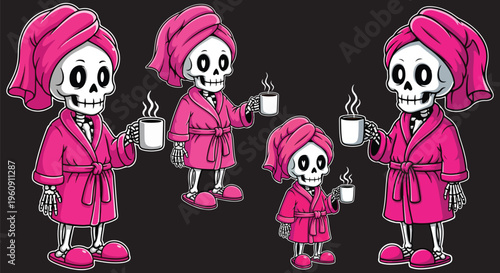 Cartoon skeleton character in pink bathrobe and hair towel, funny skull holding coffee mug vector set, spooky morning routine illustration