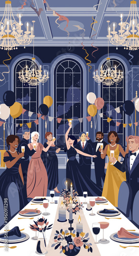 An elegant evening party with diverse guests celebrating in a grand hall adorned with chandeliers, balloons, and a beautifully set dining table.