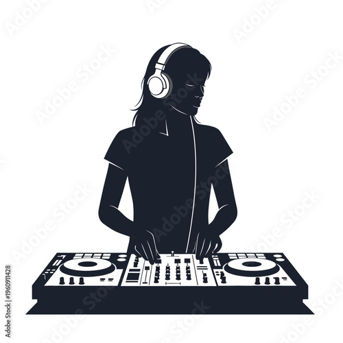 Woman wearing headphones DJing music.