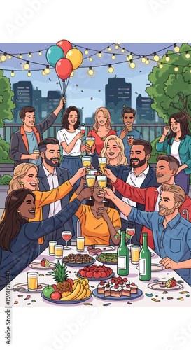 A diverse group of friends celebrating a special occasion with a rooftop party, toasting drinks and enjoying food under string lights with a city skyline.