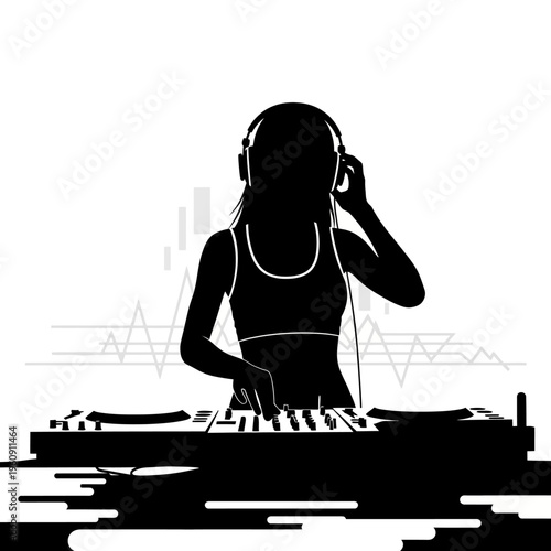Woman Wearing Headphones Using DJ Equipment.