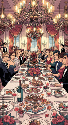 A grand formal dinner party in an opulent dining hall with many elegantly dressed guests enjoying a lavish meal under sparkling chandeliers.