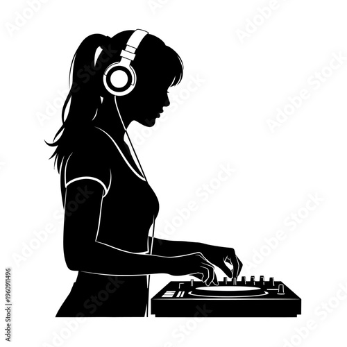 Woman Wearing Headphones Using DJ Mixer.