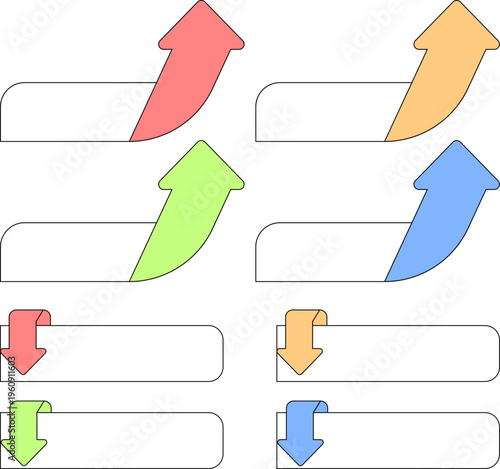 シンプルで使いやすいカラフルな上昇・下降矢印とテキストボックスのセット素材、ビジネス資料やプレゼンテーションに最適なインフォグラフィックデザイン