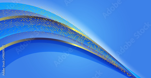 青を基調にゴールドの粒子が輝く高級感ある抽象ウェーブ背景、テクノロジーとラグジュアリーを融合した近未来デザイン