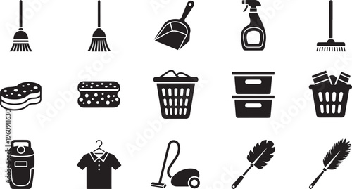 Collection of black cleaning supplies and laundry house cleaning household equipment