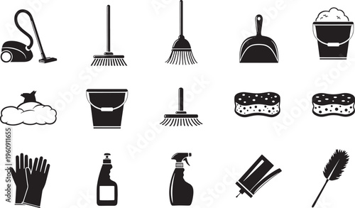 Collection of black cleaning tools and supplies on white background vacuum cleaner broom
