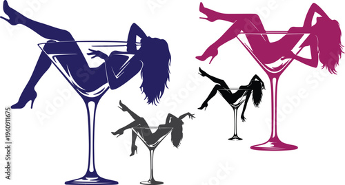 Seductive woman silhouette in martini glass vector, burlesque dancer in cocktail glass set, glamorous nightlife and party girl illustrations