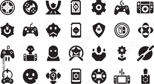 Collection of black game and symbols on white background gaming controller joystick console
