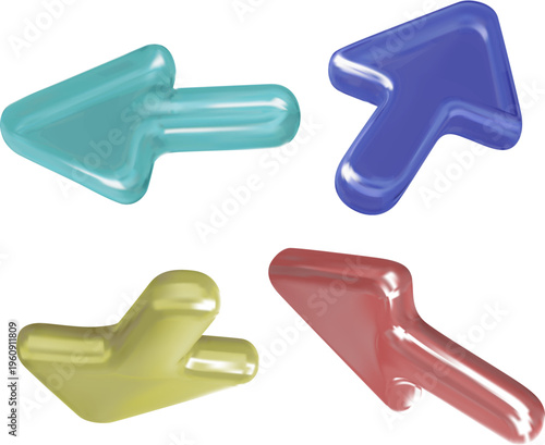 半透明で艶のあるカラフルな立体矢印アイコンセット、方向指示やナビゲーションに使える3Dレンダリング素材、白背景で汎用性の高いビジュアル