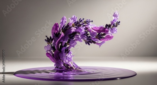 Artistic rendering of lavender flower emerging from water with vibrant purple hues