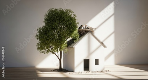 Miniature house with tree and birds concept of home nature and living