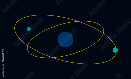 A minimalist graphic illustration featuring two orbiting celestial bodies around a dark blue sun