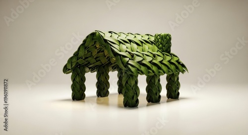 Artistic house structure made of green leaves on a white background