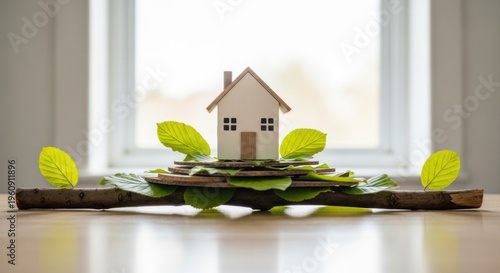Miniature house with green leaves symbolizing environment and sustainability
