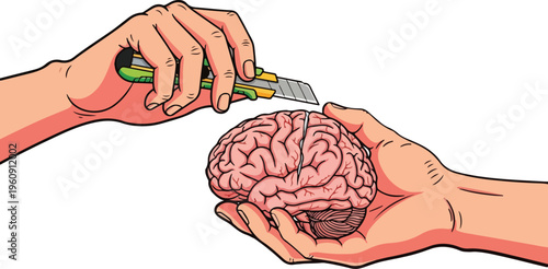Conceptual vector illustration of hands cutting a human brain with a utility knife, surgery on human mind and mental health concept