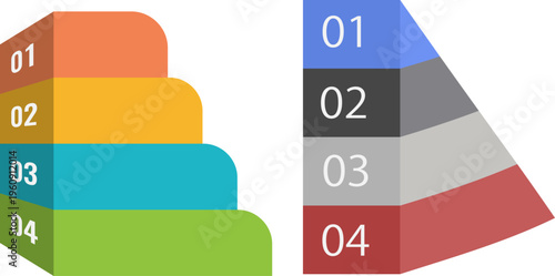 4ステップで流れを表現する立体的な番号付きインフォグラフィックデザイン、プレゼンや資料作成に最適なシンプル構成素材