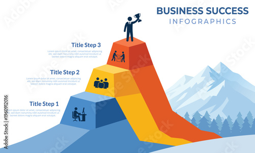 Business Success Mountain Infographic with 3 Step Pyramid, Growth Strategy Path Diagram, Teamwork and Leadership Concept Flat Vector Illustration