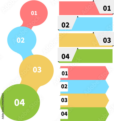 吹き出しと横並びステップバナーを組み合わせたインフォグラフィック素材セット、会話表現と手順説明に使えるカラフルデザイン