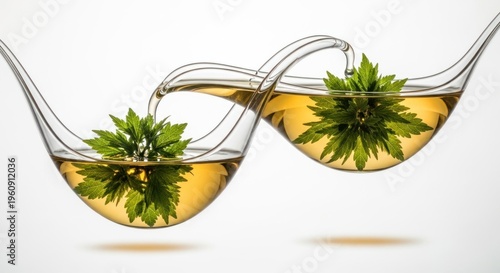 Elegant glass teacups with herbal infusion and fresh greenery arrangement