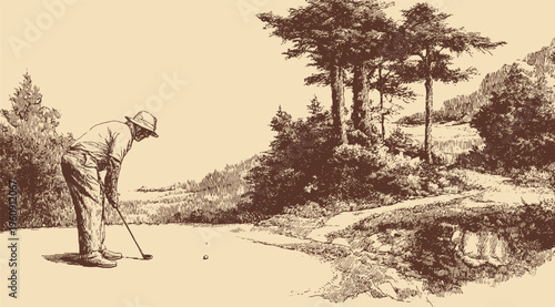 A vector illustration of a person playing golf on a golf course. This vector illustration can be used in any size you like for advertising, logos, and other work.