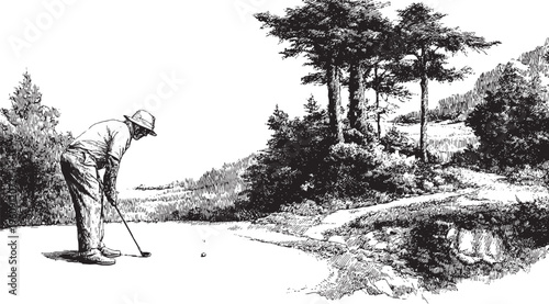 A vector illustration of a person playing golf on a golf course. This vector illustration can be used in any size you like for advertising, logos, and other work.