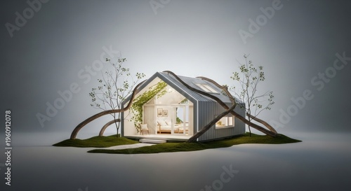 Modern architectural model with natural elements and soft lighting presentation