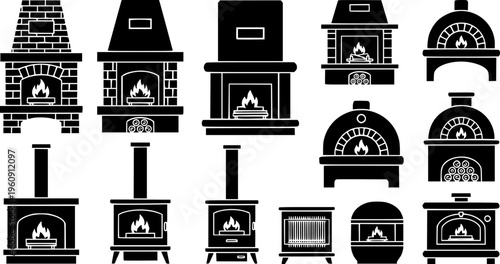 Diverse Fireplace and Home Oven Collection - Rustic Brick and Modern Interior Heating Vector Set