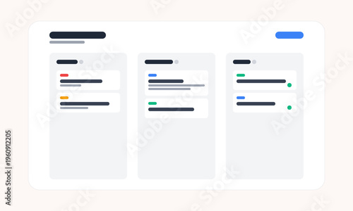 A minimalist digital kanban board interface featuring three columns for project task management