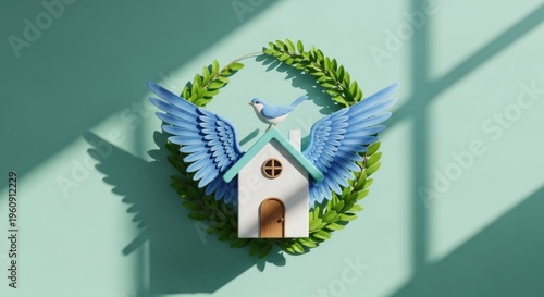 House with bird and wings symbolizing freedom and home on green background