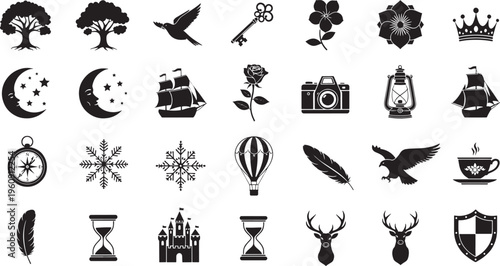 Collection of black silhouette including trees moon stars ship camera lantern snowflake hot air balloon