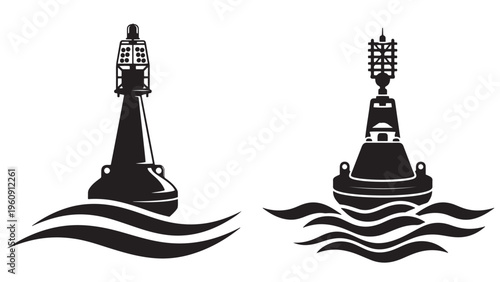 Two distinct black silhouette icons of navigational buoys floating on ocean waves, representing maritime safety and guidance for sea travel and shipping.