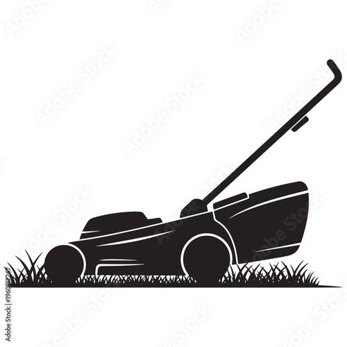 Classic Black Silhouette of a Push Lawnmower on a Strip of Fresh Green Grass, Symbolizing Summer Yard Work, Garden Maintenance, and Outdoor Chores.