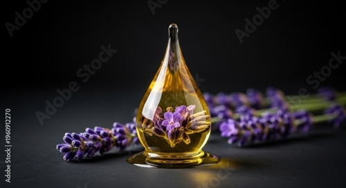 Essential oil droplet with lavender flowers against dark background