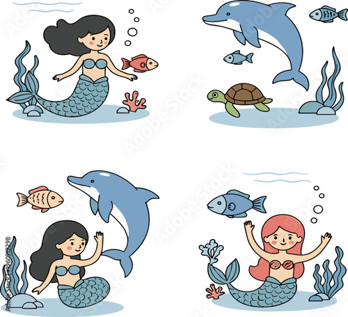 Hand Drawn Cute Mermaid and Sea Life Vector Illustration Set Featuring Dolphins, Sea Turtles, Colorful Fish, Coral Reefs, and Undersea Characters for Kids Nursery