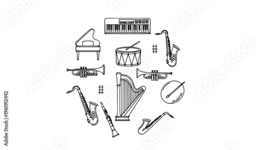 Minimal Musical Instrument Outline Icons in Circular Layout Piano Keyboard Drum Harp Vector Set