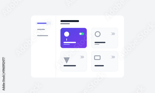 Minimalist digital interface design featuring a dashboard with various card widgets and settings