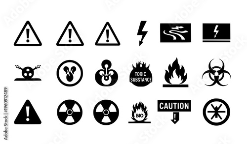 Black and White Hazard Warning Icons Set with Caution Signs and Safety Symbols Vector Collection