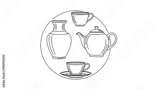 Minimal Antique Vase with Tea Cup and Saucer Outline Icons in Circular Layout Vector Set