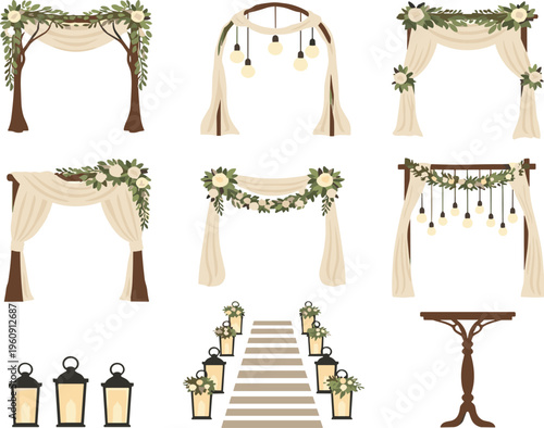 Rustic Wedding Arch and Ceremony Decor Set with Floral Gazebos, Drapery, Lanterns, Aisle Walkway, Light Bulbs, and Elegant Altar Decorations for Event Design