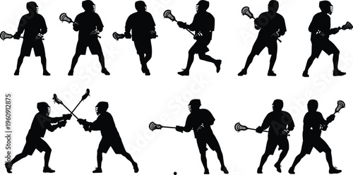 A comprehensive collection of black silhouettes featuring male lacrosse players in various action poses including running, shooting, passing, and defending with sticks and helmets.