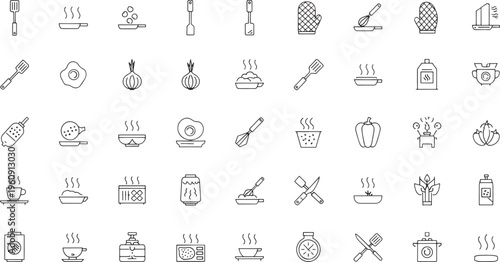 Collection of line depicting kitchen utensils and food preparation cooking