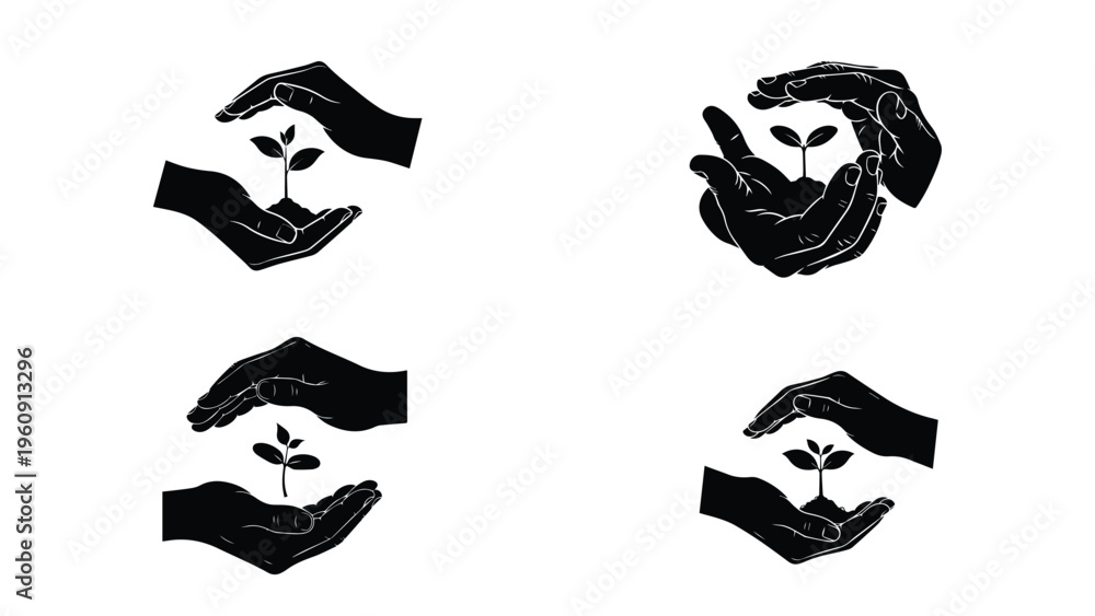 Fototapeta premium Hands Protecting Nature Icon Set – Environmental Protection, Sustainability and Eco Care Symbols for Green Awareness Campaign