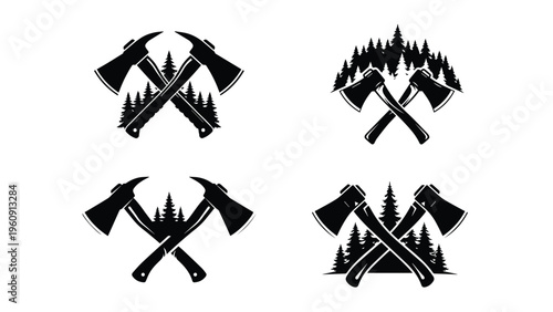 Crossed Axe and Forest Icon Set – Outdoor Survival, Camping and Lumberjack Adventure Symbols for Rustic Branding Design