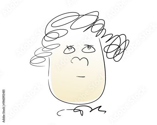 Minimalist hand-drawn doodle of a pensive woman with curly hair, abstract character illustration