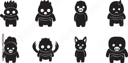 Eight black silhouette cartoon characters with round eyes and varied facial expressions white background